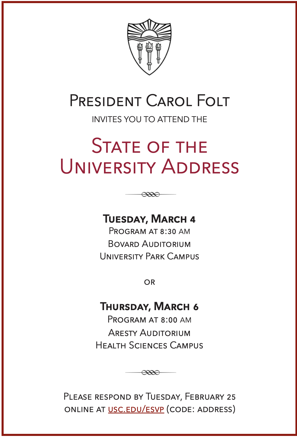 Invitation to President Carol Folt's State of the University Address with the USC shield at the top